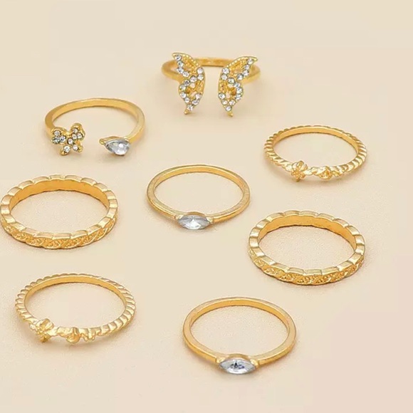 Rhinestone Gold Ring Set of 8 - Picture 2 of 5